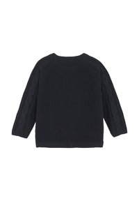Dunkelblau gestrickter Pullover mit geripptem Rundhalsausschnitt, langen Ärmeln mit Zopfmuster-Akzenten und einem strukturierten Körper. Einfaches, klassisches Design.