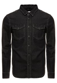 Camicia di jeans nera con maniche lunghe, chiusura con bottoni davanti, colletto a punta, due tasche sul petto e dettagli di cucitura bianca a contrasto.