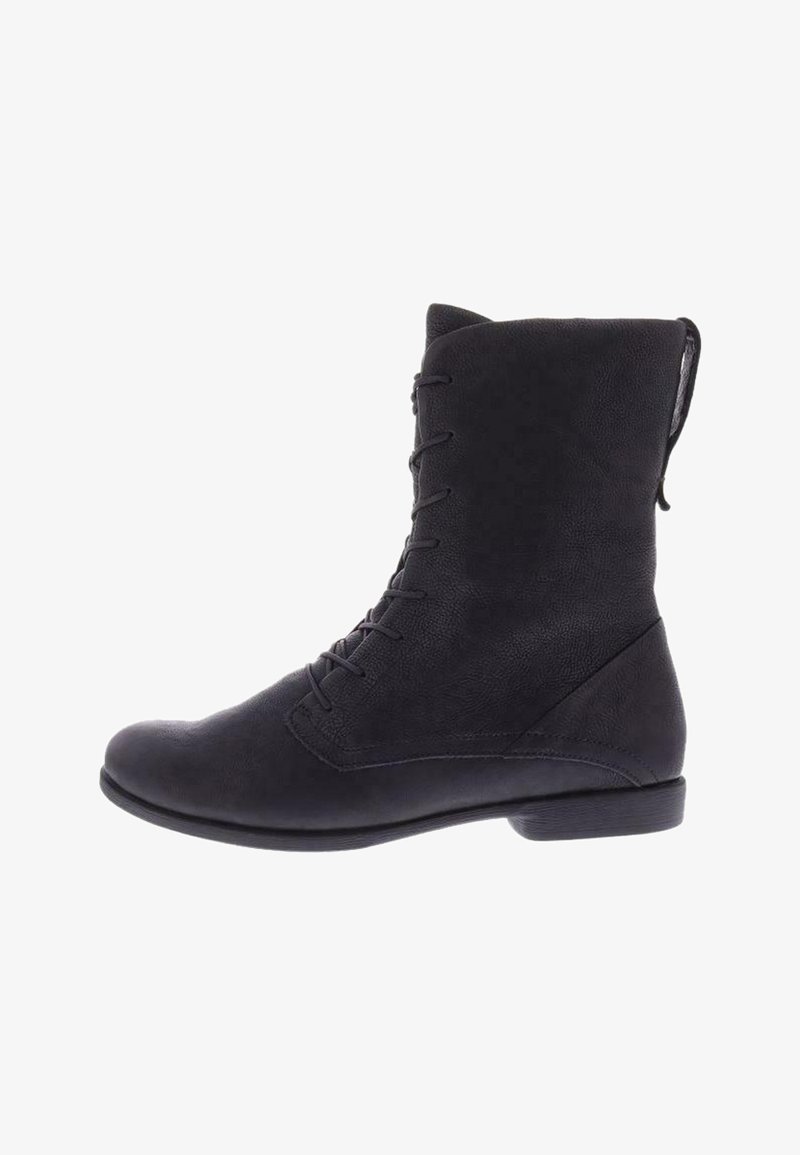 Stivaletti neri alla caviglia con una finitura in pelle texturizzata, dotati di allacciatura frontale, tacco basso a blocco e punta arrotondata.