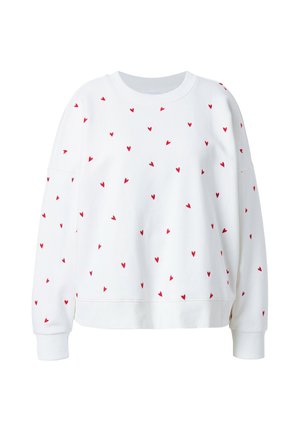 Hvid sweatshirt med lange ærmer med små spredte røde hjerte-mønstre, rund halsudskæring og ribstrikkede manchetter og kant.