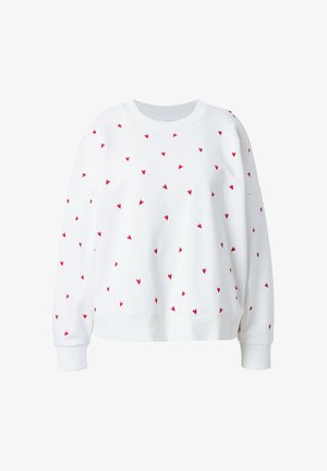 Witte sweatshirt met lange mouwen met kleine verspreide rode hartjes, ronde hals en geribde boorden en zoom.