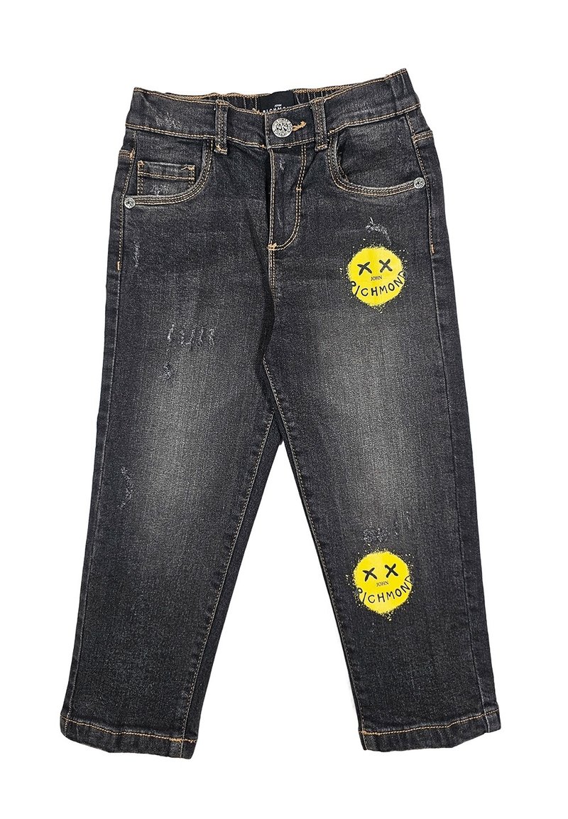 Jeans in denim nero con un design strappato, caratterizzati da toppe a forma di faccina sorridente gialla con testo. Stile classico a cinque tasche, vestibilità standard.