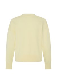 Pull simple jaune pâle à manches longues avec un col rond et des poignets et un ourlet côtelés, vu de dos.