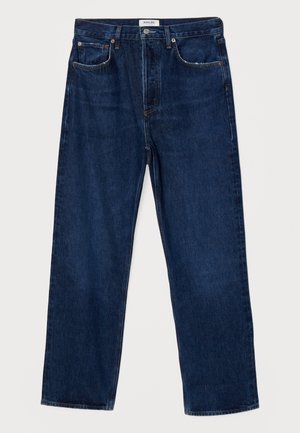 Dark blue denim jeans with a high waist, straight cut, five-pocket design, and contrasting stitches. Features a button closure and belt loops.