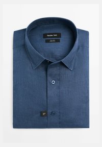 Slim fit, dark blue linen shirt with a structured collar, two button closures, and a fabric label on the side. Smooth texture.