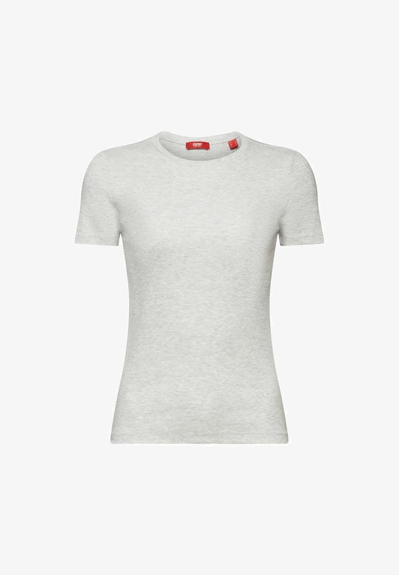 T-shirt ajustée en coton gris clair à manches courtes avec col rond et étiquette de marque rouge à l'intérieur du col.