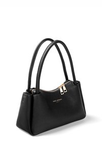 Black leather handbag with textured surface, zip closure, and gold-tone hardware. Features two sturdy handles and a structured silhouette.