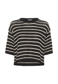 Maglione a righe nero e crema, maniche corte, scollatura rotonda, vestibilità comoda, con un design a trama aperta e testurizzata.