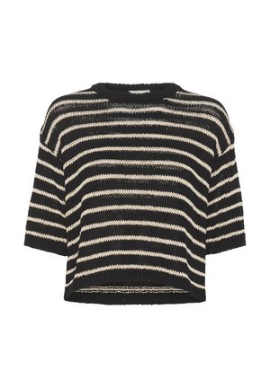 Pull en tricot à rayures noires et crème, à manches courtes, col rond, coupe ample, avec un design texturé en mailles ouvertes.