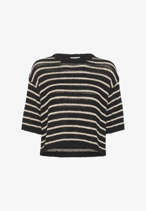 Pull en tricot à rayures noires et crème, à manches courtes, col rond, coupe ample, avec un design texturé en mailles ouvertes.