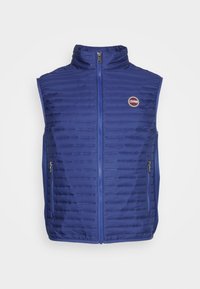 Blå vadderad väst med hög krage, vertikalt quiltad design, frontdragkedja och två sidodragkedjefickor. Har en logotyp på bröstet.