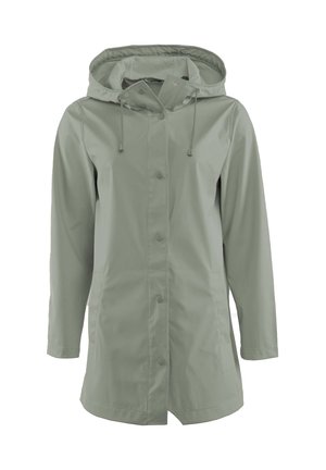 Hellgrüner wasserdichter Mantel mit Kapuze, vorderen Druckknöpfen, langen Ärmeln und seitlichen Taschen.