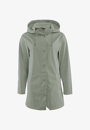 Hellgrüner wasserdichter Mantel mit Kapuze, vorderen Druckknöpfen, langen Ärmeln und seitlichen Taschen.