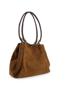 Braune Wildleder-Handtasche mit einer weichen Textur, einer lässigen Silhouette und zwei dunkelbraunen Leder-Schulterriemen. Goldfarbene Hardware-Details sind sichtbar.