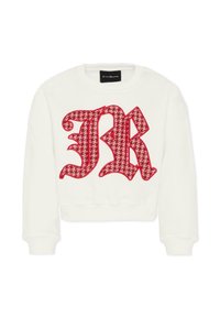 Felpa bianca corta con un grande logo ricamato "JR" rosso in un motivo texturizzato. Collo rotondo e polsini a coste.