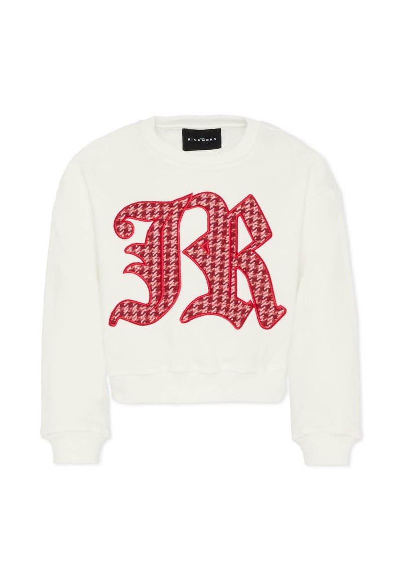 Felpa bianca corta con un grande logo ricamato "JR" rosso in un motivo texturizzato. Collo rotondo e polsini a coste.