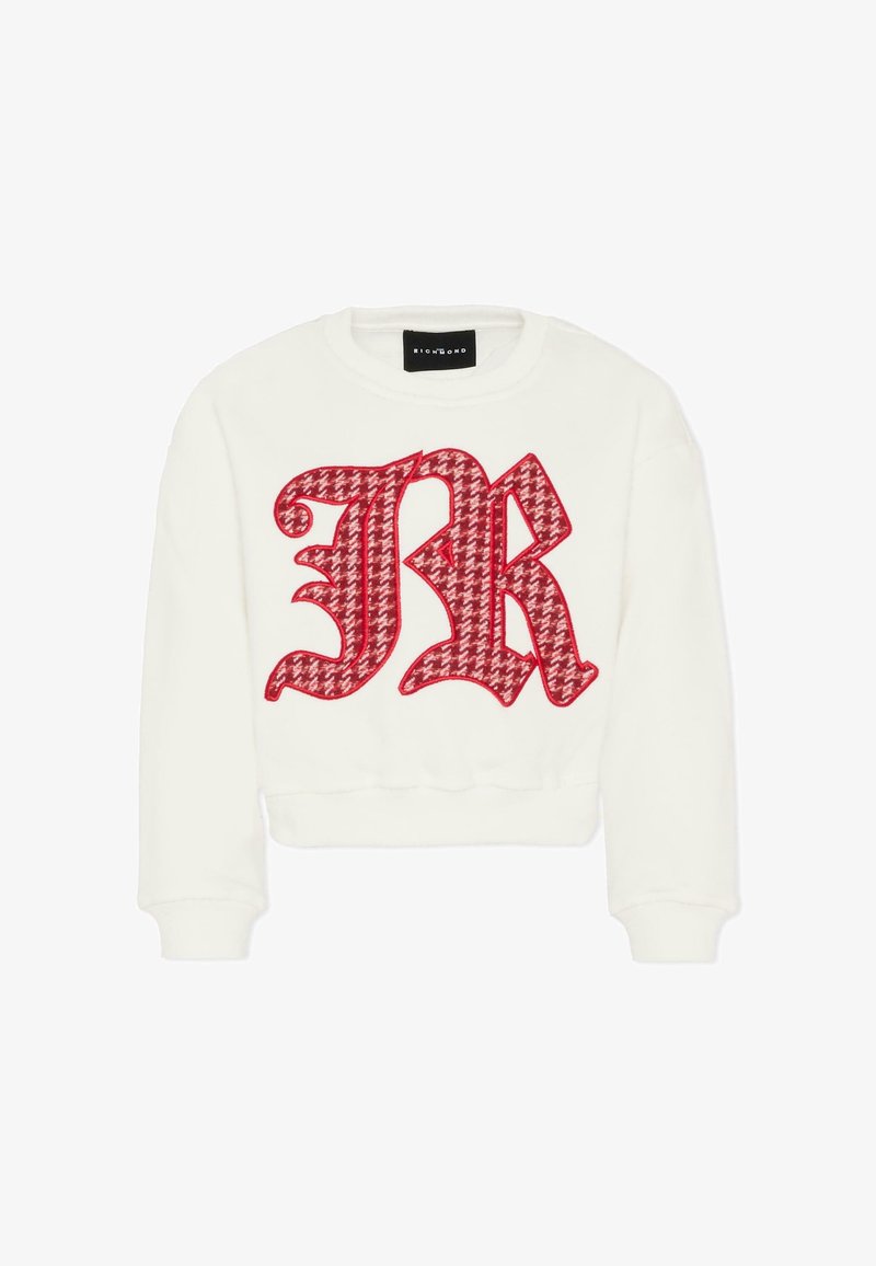 Felpa bianca corta con un grande logo ricamato "JR" rosso in un motivo texturizzato. Collo rotondo e polsini a coste.