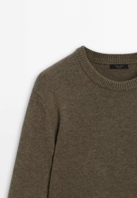 Maglione marrone lavorato a maglia con collo rotondo e polsini a costine. Tessuto morbido, design semplice e marchio minimo sull'etichetta.