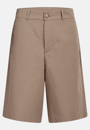 Béžové šortky ke kolenům s knoflíkovým zapínáním, poutky na opasek a bočními kapsami, vyrobené z hladké látky.