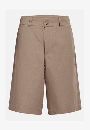 Béžové šortky ke kolenům s knoflíkovým zapínáním, poutky na opasek a bočními kapsami, vyrobené z hladké látky.