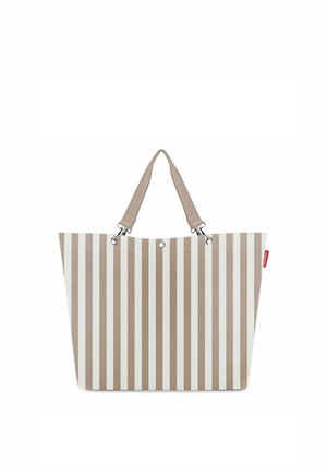 Beige and white vertical striped tote bag with two beige handles and a small red fabric tag on the side.