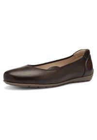 Dark brown leather flat shoe with rounded toe, low heel, and beige cushioned interior lining, shown from side on white background.