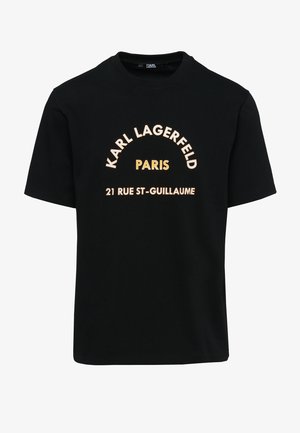 Schwarzes Baumwoll-T-Shirt mit kurzen Ärmeln, verziert mit gebogener gelber und weißer Schrift: "KARL LAGERFELD PARIS 21 RUE ST-GUILLAUME".