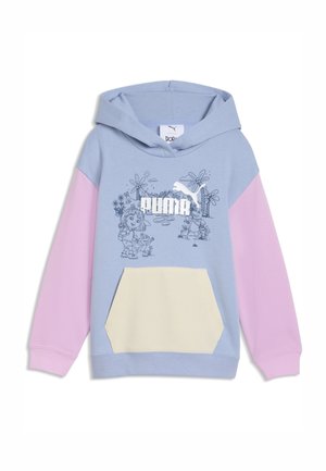Lyseblå hættetrøje med lyserøde ærmer, cremefarvet frontlomme og sort linjekunst med børn og blomster samt hvid Puma-logo på brystet.