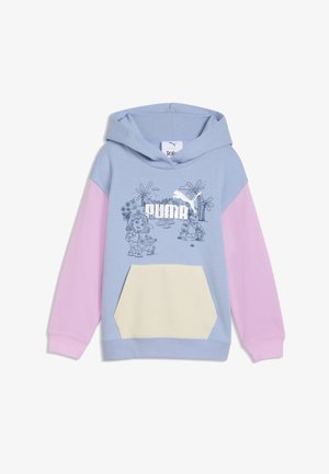 Jasnoniebieska bluza z kapturem z różowymi rękawami, kremową kieszenią z przodu oraz czarnym rysunkiem linii przedstawiającym dzieci i kwiaty z białym logo Puma na piersi.