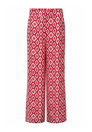 Hoch taillierte, weit geschnittene Hose in rot-weißem geometrischem Diamantmuster mit einem glatten Bund und ohne sichtbare Verschlüsse.