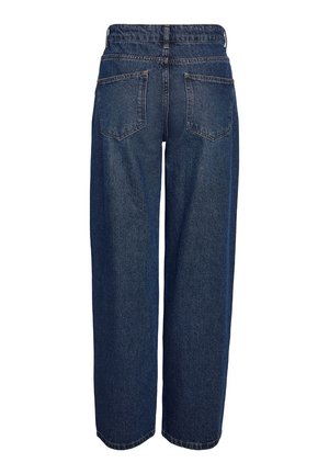 Niebieskie dżinsy z wysokim stanem, szerokimi nogawkami i dwoma tylnymi kieszeniami. Szwy są widoczne wzdłuż szwów i pasa.