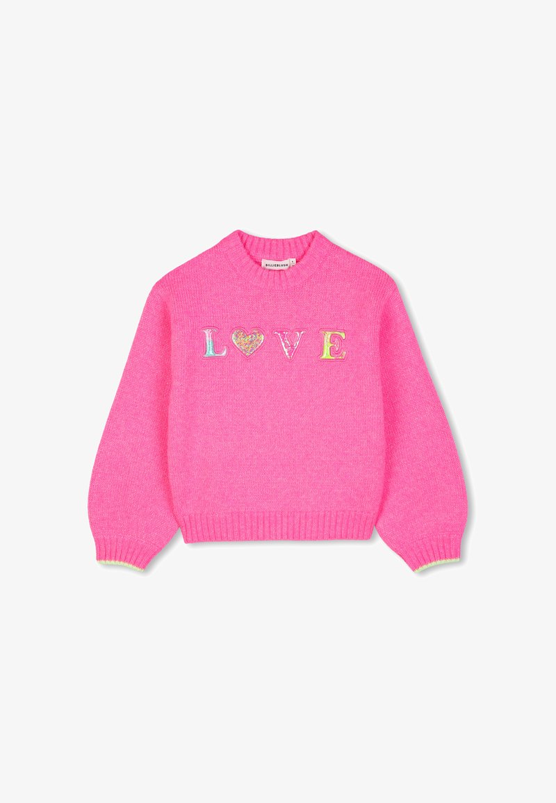 Pull en tricot rose vif avec le mot "LOVE" sur la poitrine, avec une forme de cœur remplaçant la lettre O.