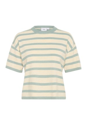 Pruhované tričko s krátkým rukávem v žluté a světle zelené barvě. Měkká látka s ribbonovým kulatým výstřihem a uvolněným střihem. Jednoduchý vzor, žádné další detaily.