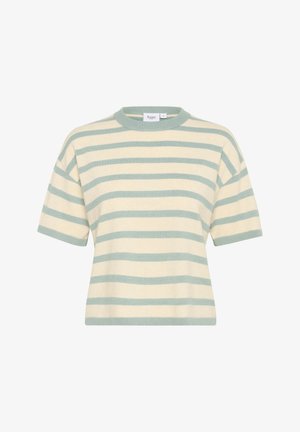 Pruhované tričko s krátkým rukávem v žluté a světle zelené barvě. Měkká látka s ribbonovým kulatým výstřihem a uvolněným střihem. Jednoduchý vzor, žádné další detaily.