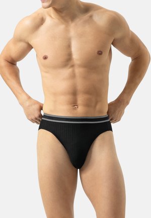 Schwarze Herrenunterwäsche aus glattem Material, mit geripptem Design und einem grauen elastischen Bund mit Markenlogo.