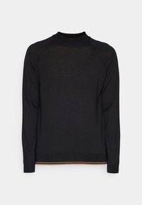 Czarny sweter z długim rękawem, z prążkowanym, półgolfem, rękawami typu raglan oraz kontrastowym beżowym paskiem u dołu i na mankietach. Gładka faktura.