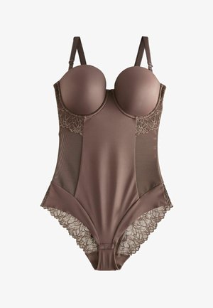 Hnedý body so hladkým materiálom, vypchávkami, čipkovými akcentmi na okrajoch, nastaviteľnými ramienkami a priliehavým strihom.