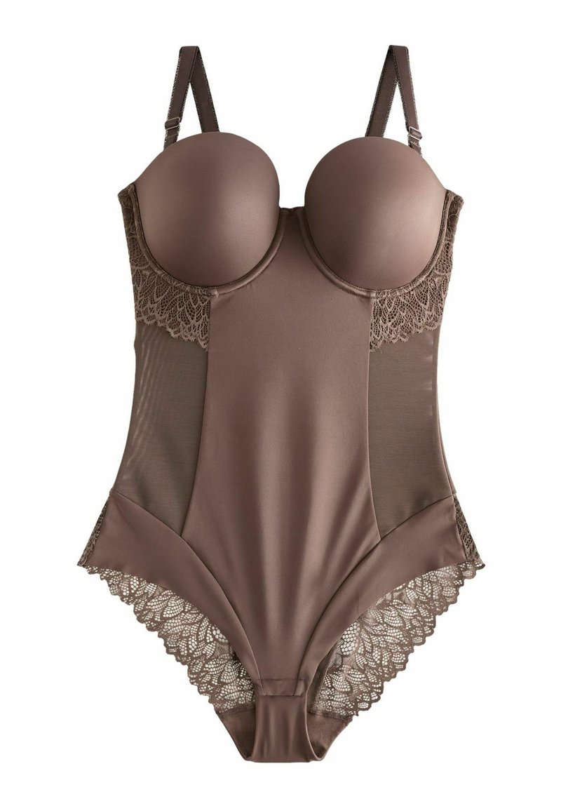 Ruskea bodysuit, jossa on sileä kangas, pehmustetut kupit, pitsikoristeet reunoissa, säädettävät hihnat ja istuva muotoilu.