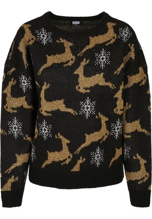 Black knitted sweater featuring golden reindeer and white snowflake patterns throughout, with a crew neckline and ribbed hem and cuffs.