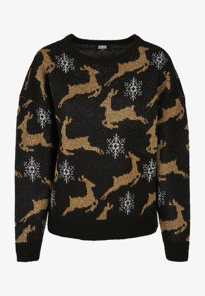 Suéter negro de punto con patrones de renos dorados y copos de nieve blancos en toda la prenda, con un cuello redondo y dobladillos y puños acanalados.