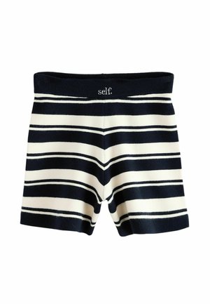 Navy and white horizontal striped knit shorts with ribbed waistband featuring the word "self" embroidered at the center front.