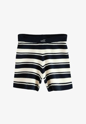 Navy and white horizontal striped knit shorts with ribbed waistband featuring the word "self" embroidered at the center front.