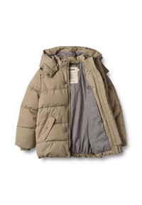 Beige Steppjacke mit Kapuze, Knopfverschluss und kariertem Futter. Mit gesteppten Einsätzen und einer Druckknopftasche vorne.