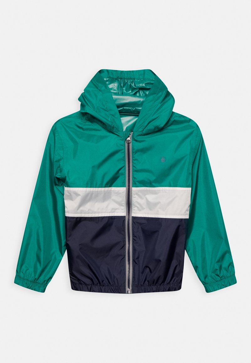 Groene, navy en witte kleurgeblokte windbreakerjas met een capuchon, elastische manchetten en een voorkant met rits. Soepele, lichte stof.