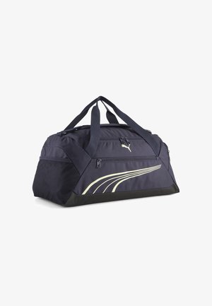 Borsa da palestra sportiva blu scuro con doppio manico, tasca frontale con zip, tasca laterale in rete e design a striscia curva bianca.