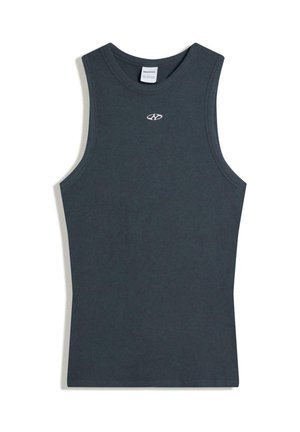 Sötétszürke bordázott ujjatlan felső, kerek nyakkivágással. A mellrészen egy kis fehér logó található.