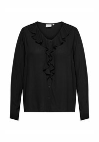 Melnas krāsas kardigans ar garām piedurknēm, volānu rotāta priekšējā klape un pogu aizdare. Izgatavots no mīksta materiāla ar gludu tekstūru.