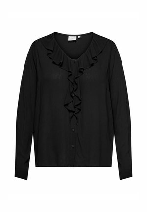 Czarny kardigan z długimi rękawami, falbankowym przodem zapinanym na guziki. Wykonany z miękkiej tkaniny o gładkiej fakturze.