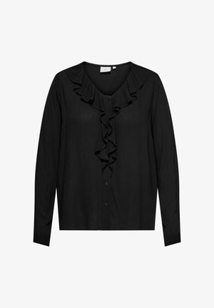 Musta neuletakki pitkähihainen, röyhelöinen etulista ja nappikiinnitys. Valmistettu pehmeästä ja sileäpintaisesta kankaasta.