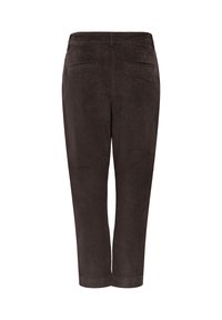 Pantalon en velours côtelé marron foncé avec une coupe droite, poches passepoilées à l'arrière et une ceinture avec passants.